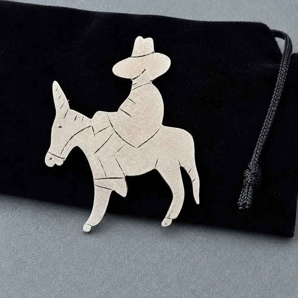 Vintage Cowboy Riding Burro Donkey Brooch Pin Folk Art Style Unmarked